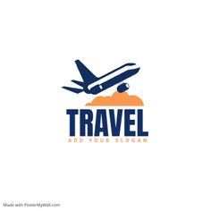 an airplane is flying over the clouds with the words travel and your slogan on it