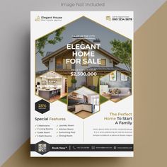 a real estate flyer is shown on a beige and white background with an image of a home for sale