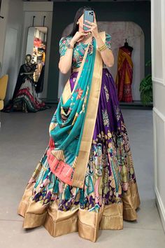 Beguiling Purple Color Dola Silk Fabric kalamkari printed Lehenga Crop Top With Lehenga, Top With Lehenga, Half Saree Function, Kalamkari Dresses, Ghaghra Choli, Lehenga Crop Top, Printed Lehenga, Long Frock Designs, Half Saree Lehenga