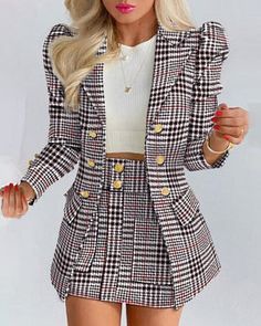 Piezas únicas traje pequeño de manga larga Top de Color sólido y minif – AMAIO Leg Of Mutton Sleeve, Blazer And Skirt Set, Princess Sleeves, Blazer And Skirt, Blazer Set, Suit Style, Business Outfit, Turndown Collar, Long Sleeve Blazers