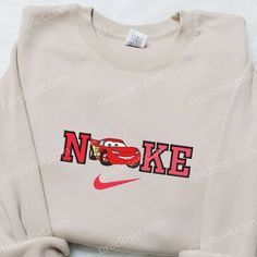 Lightning McQueen x Nike Cartoon Embroidered Sweatshirt, Car Disney Embroidered Shirt, Custom Nike Embroidered Shirt Nike Cartoon, Maroon Hoodie, Embroidered Shirts, Custom Nike, The Lightning, Disney Sweaters, Nike Tee, Nike Sweater, Disney Shirt