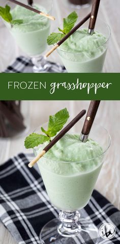 two glasses filled with frozen grasshoppers sitting on top of a table next to each other