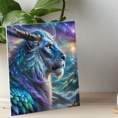 a painting of a blue dragon with horns on it's head art board print