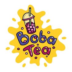 the boba tea logo is shown in purple and yellow with sprinkles