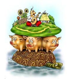 three pigs are sitting on top of a tortoise with a man playing the guitar