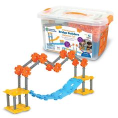 the bridge builder set is in its plastic container and ready to be used as a toy