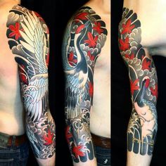 two different views of a man's half sleeve with flowers and birds on it