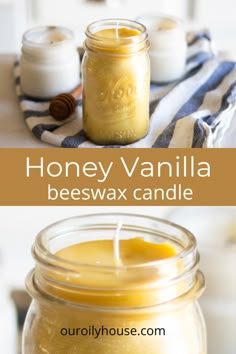 honey vanilla beeswax candle in a mason jar