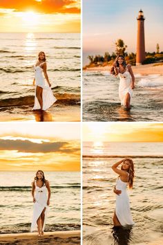 three photos of a woman in the ocean at sunset