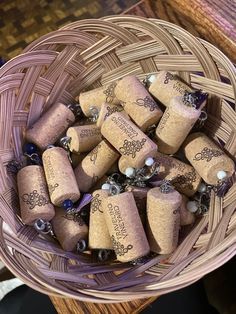 a wicker basket filled with lots of wine corks