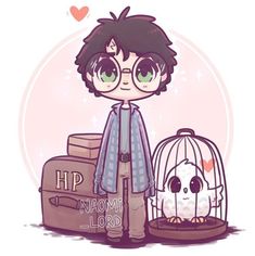 a boy with glasses standing next to a bird in a cage and the words hp nammi lord written on it