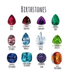 an image of different colored gems with names on it's sides and the words birth stones