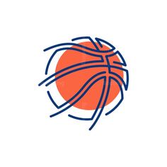 an orange and blue basketball ball with lines on the bottom, against a white background