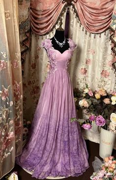 Tangled Inspired Prom Dress, Rapunzel Dress Inspired, Royal Purple Ball Gown, Aesthetic Bridesmaid Dresses, Purple Fantasy Dress, Purple Princess Dress, Prom Dresses Purple, Yule Ball Dress, Lotus Dress