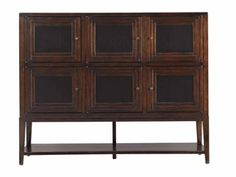 an old wooden cabinet with glass doors on the top and bottom shelf, against a white background