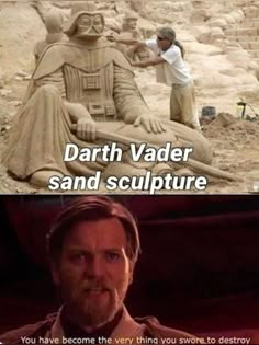 a man standing in front of a statue with the caption darth vader sand sculpture