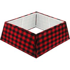 a red and black checkered table cloth with an open box in the middle on a white background