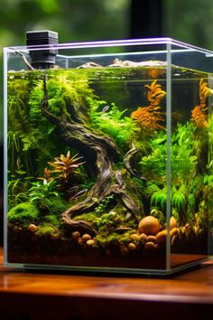 an aquarium with plants and rocks in it