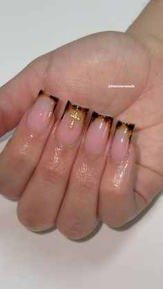 Classy Girly Nails, Short Gold Chrome French Tip Nails, Cute Short Acrylic Nails Brown, Short Nails Ideas Gold, Short Nail Ideas With Charms, French Top Square, Square French Tip With Design, Brown Short Nails Acrylic, Short French Design Nails