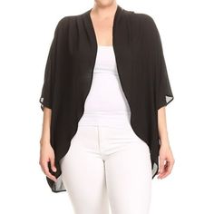 Women's Plus Trendy Style Solid waist length chiffon cardigan in a loose fit with an open front kimono sleeves and hi-lo hem. Size: 2X.  Color: Black.  Gender: female.  Age Group: adult. Chiffon Kimono Cardigan, Flowy Shirts, Lightweight Open Front Cardigan, Chiffon Cardigan, Moa Collection, Chiffon Kimono, Fitted Cardigan, Kimono Sleeves, Kimono Cardigan