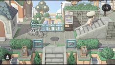 an animated city with stairs, trees and buildings