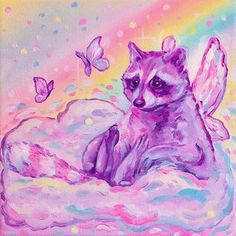 a painting of a racoon and butterflies on a pink background, with pastel colors