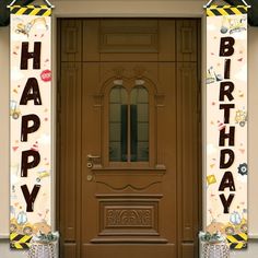 a brown door with happy birthday decorations on it