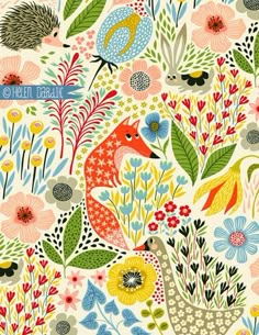 an illustration of birds and flowers on a white background with blue, red, green, yellow