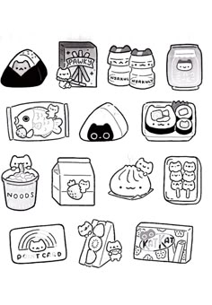 an image of some food items drawn in black and white