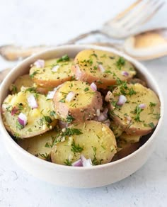 lemon dill potato salad in a bowl with text overlay