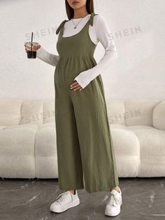 SHEIN Maternity 1pc Tie Shoulder Wide Leg Pinafore Jumpsuit Without Tee | SHEIN USA Very Pregnant Outfits, Teacher Outfits Maternity, Maternity Clothes For Work, Maternity Clothes Fall, Cute Pregnancy Outfits For Fall, Pregnant Casual Outfits, Maternity Jumpsuit Outfit Winter, Maternity Jumpsuit Outfit Fall, Maternity Teacher Outfits