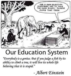 an elephant and some monkeys are talking to each other in front of a sign that says our education system