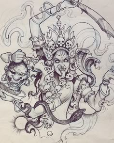 a drawing of a woman holding an umbrella with skulls on her head and two snakes around her neck