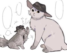 a drawing of a cat with a hat on and another cat sitting next to it