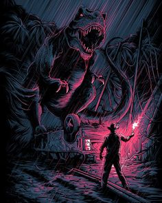 a man standing in the rain next to a giant dinosaur with its mouth open and glowing red