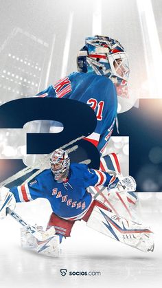 an ice hockey player in blue jersey and helmet with the letter s on his face