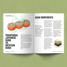 an open book with sushi ingredients in it on a green background, showing the inside pages