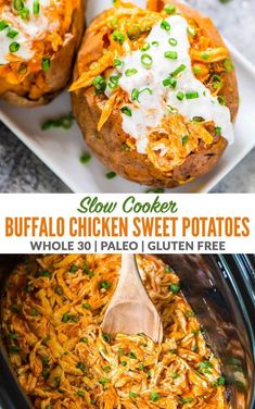 this slow cooker buffalo chicken sweet potatoes is loaded with shredded cheese and green onions