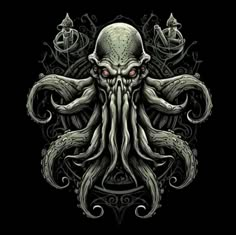 an octopus with red eyes and tentacles in the middle of it's head, surrounded by other marine creatures