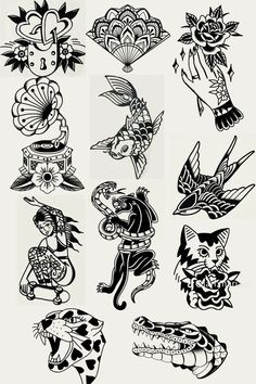 an assortment of tattoo designs on a white background, with black and white images in the middle