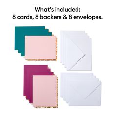 four different colored envelopes with the text what's included 8 cards, 8 backs & 8 envelopes