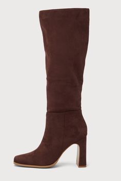 Strut into any room with effortless style with the Lulus Ceceliaa Dark Brown Suede Square Toe Knee-High Boots! Soft faux suede shapes these must-have boots that start with a squared-toe upper that rises to 16"" knee-high shaft with a 15"" circumference and an 18"" zipper at the instep. A sculpted block heel completes the effortlessly chic design! 3. 75" sculpted block heel. Lightly cushioned insole. Felted rubber sole has nonskid markings. All Man Made Materials. Imported. Lulus | Ceceliaa Dark Wide Calf Suede Heeled Boots For Winter, Tall Suede Boots With Pointed Toe, Suede Heeled Boots With Wide Calf Fit, Winter Suede Boots With Stacked Heel, Wide Calf Suede Heeled Boots With Stacked Heel, Fall Suede Heeled Boots With Wide Calf, Fall Wide Calf Suede Heeled Boots, Winter Suede Knee-high Heeled Boots, Knee-high Suede Boots For Workwear