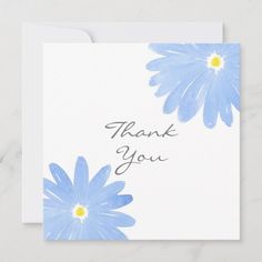 a thank card with blue daisies on it