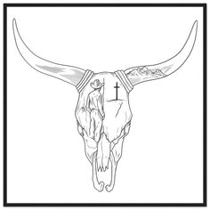 the longhorn skull is shown in black and white, with a cross on it