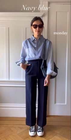 Striped Trousers Outfit, Navy Blue Shirt Outfit, White Striped Shirt Outfit, Blue Striped Shirt Outfit