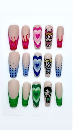 Bubbles Nails Powerpuff, Nails With Cartoon Characters, Buttercup Powerpuff Nails, Character Nail Art Disney, Cartoon Characters Nails, Nail Art Character Design, Power Puff Nails, Powerpuff Girls Nail Art