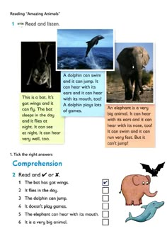 an elephant and other animals are shown in this worksheet for reading the animal's body