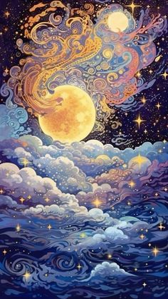 a painting of the night sky with stars and clouds in it, as well as a full moon