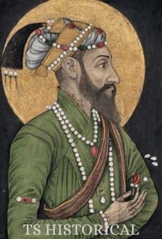 an old painting of a man with a beard and pearls on his head, wearing a green outfit