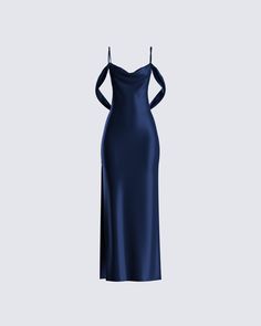 You can have anything you want if you dress for it ✨ Make it clear you deserve the best while flowing with elegance in this navy gown made with a satin-charmeuse fabric, complete with a draped shawl detail 👑 Navy Blue Ball Dress, Navy Gown, Draped Gown, Drape Gowns, Prom Dress Inspo, Prom Inspo, Handmade Dress, Prom Dress Inspiration, Cute Prom Dresses